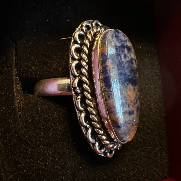 Blue Sodalite Teardrop Shape Stone Silver Plated Brass Adjustable Ring - Picture 5 of 10